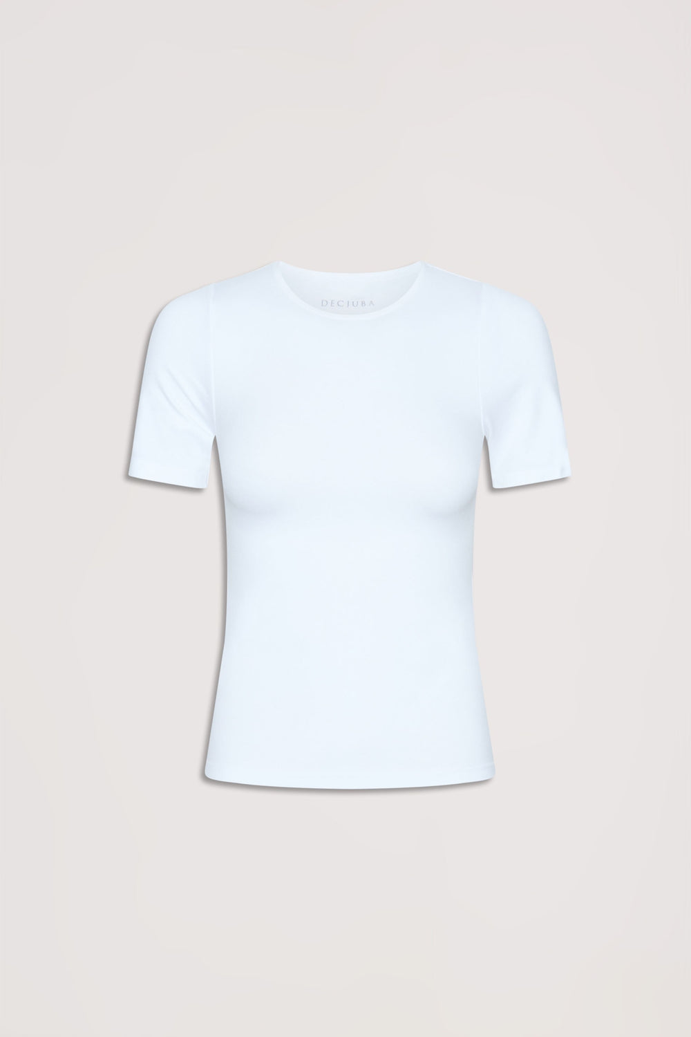 White seamless fitted tee with short sleeves, crafted for a smooth, comfortable everyday layering piece.