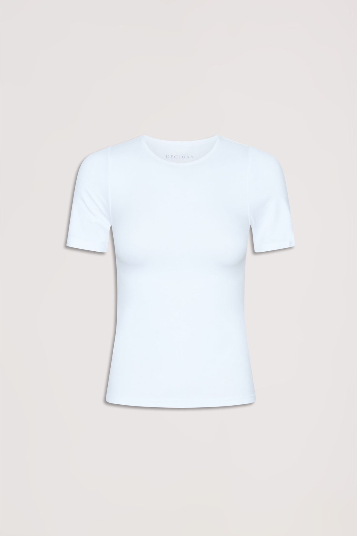 White seamless fitted tee with short sleeves, crafted for a smooth, comfortable everyday layering piece.