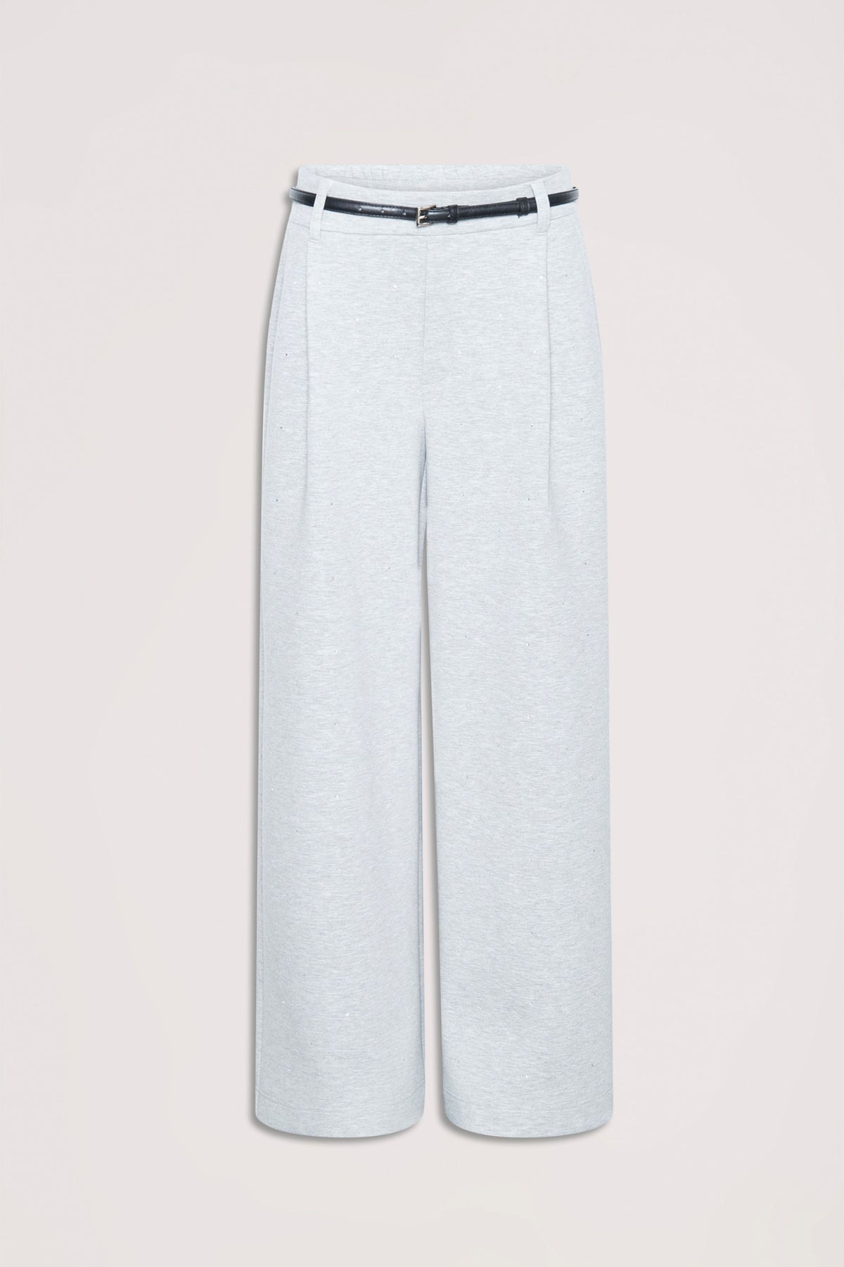 Light grey wide-leg pull-on pants with a slim black belt, designed for effortless everyday style.