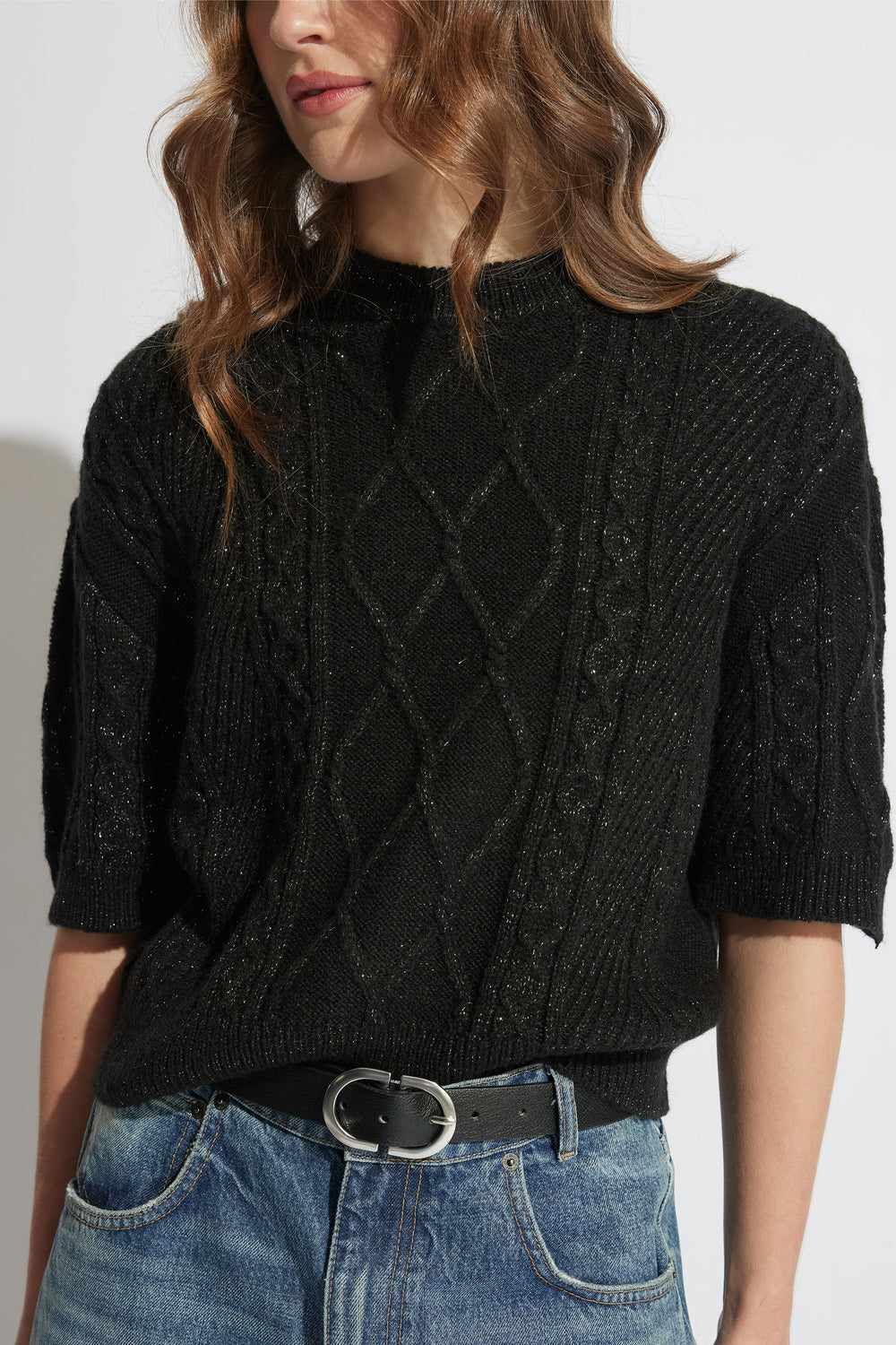 Sasha Lurex Cable Knit Jumper with detachable sleeves and cable knit pattern in portrait gallery position 3