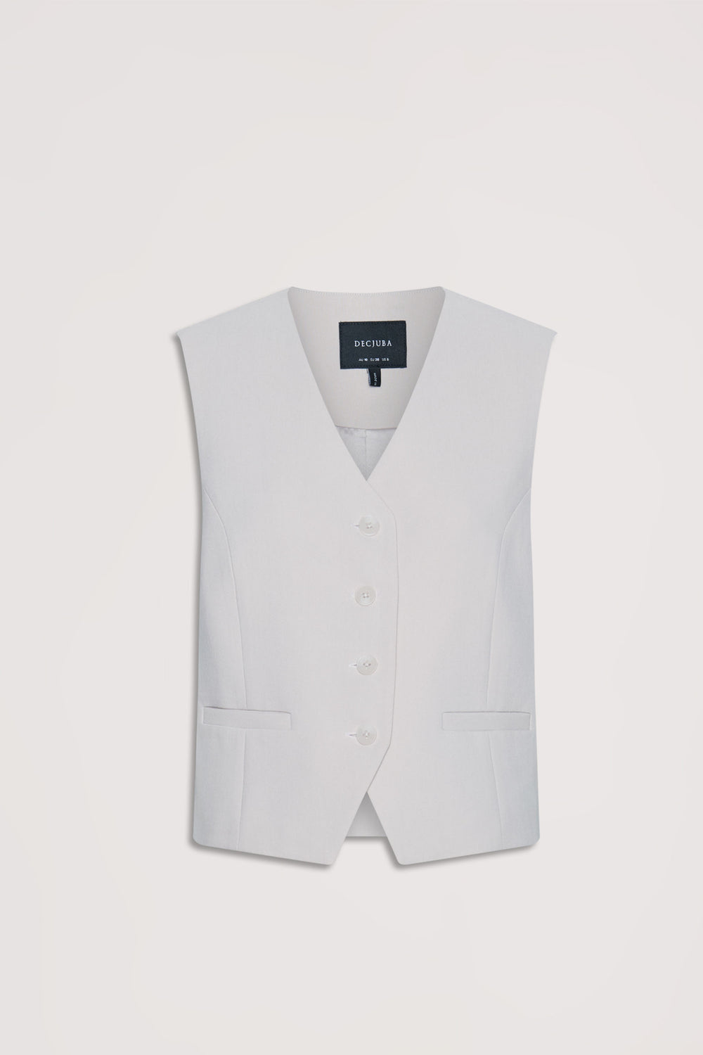 Light grey tailored vest with a sleek V-neckline, button front, and subtle welt pockets for a polished look.