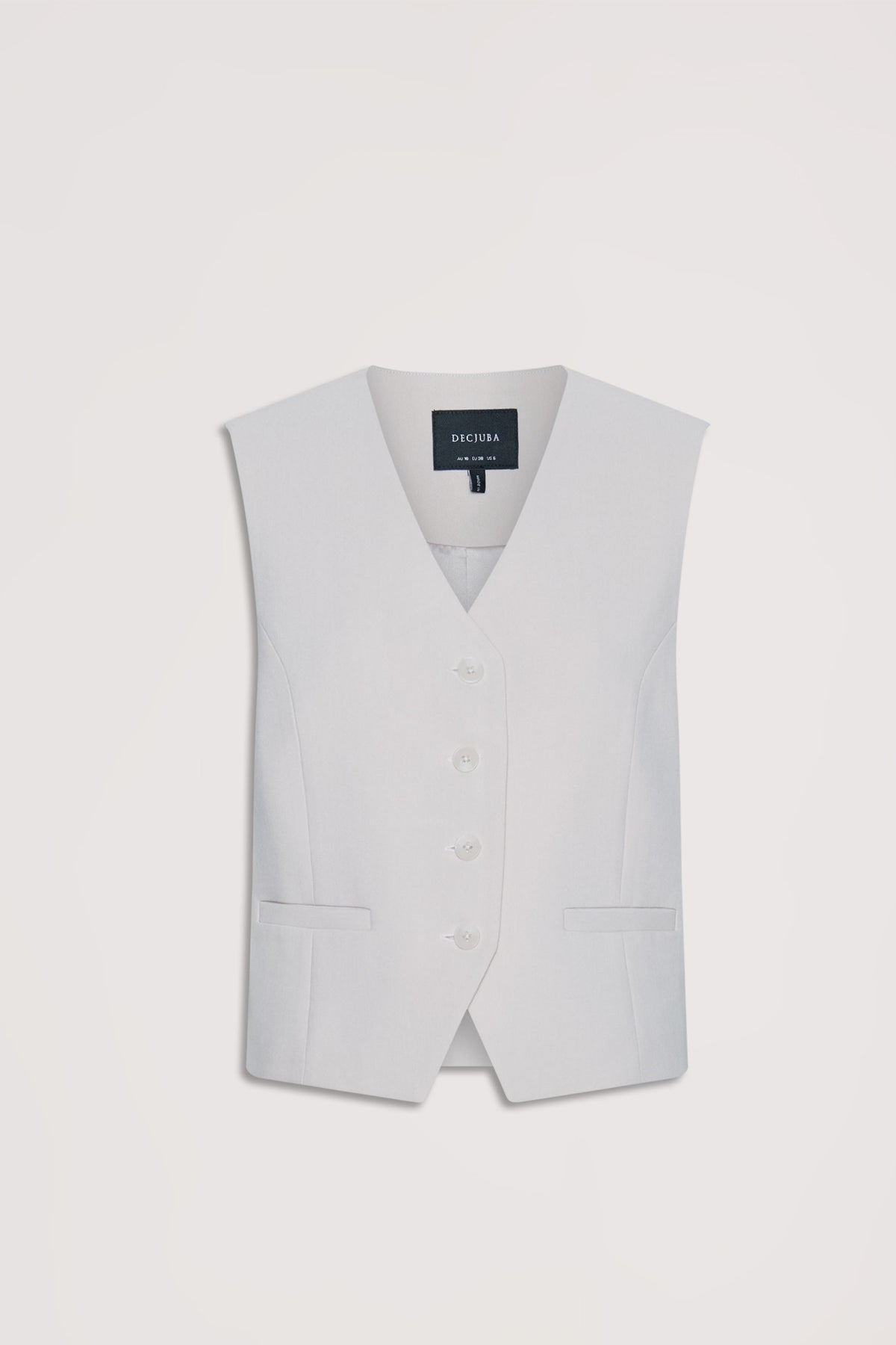 Light grey tailored vest with a sleek V-neckline, button front, and subtle welt pockets for a polished look.
