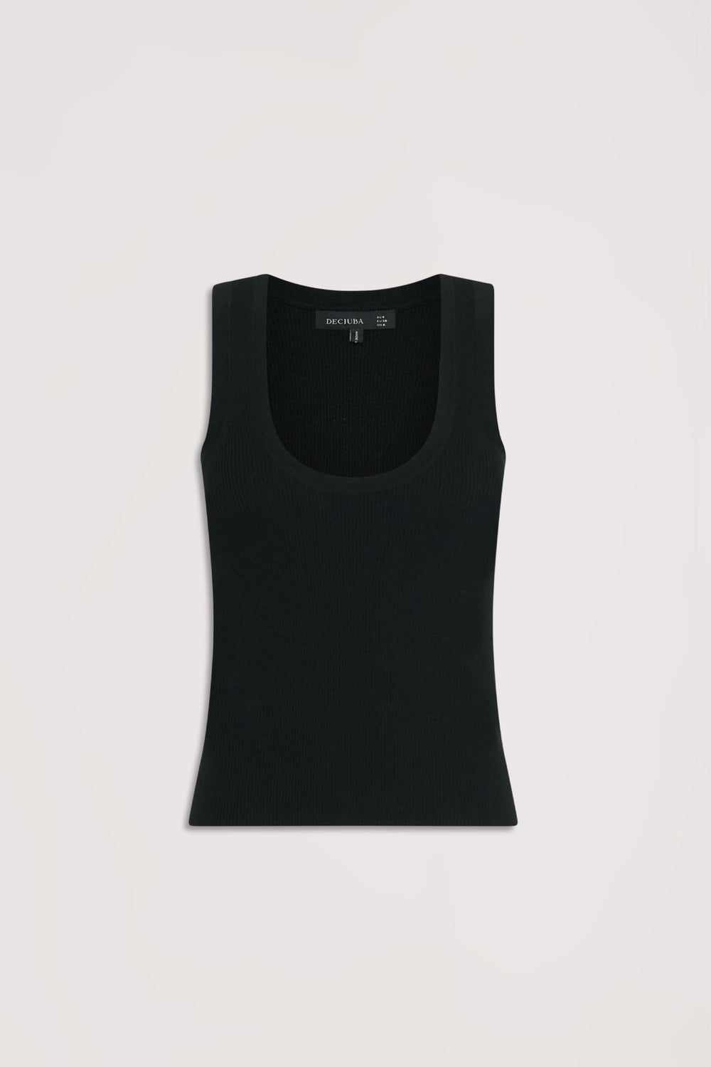 Black ribbed knit tank with a scoop neckline, featuring a sleek and versatile silhouette for everyday wear.