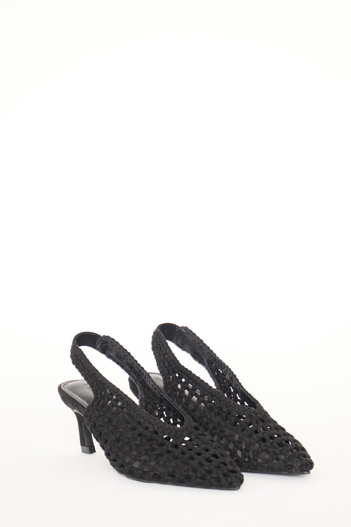 Pair of black woven suede slingback heels with pointed toes and low kitten heels, perfect for elegant everyday wear.