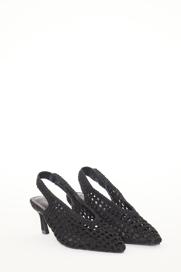 Pair of black woven suede slingback heels with pointed toes and low kitten heels, perfect for elegant everyday wear.