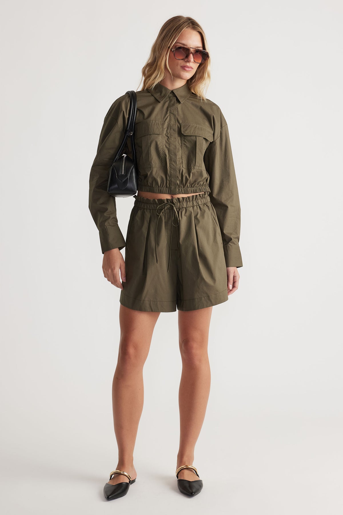 Rey Drawstring Short in olive green with relaxed fit and adjustable waist, styled casually with matching cropped shirt by DECJUBA Australian brand