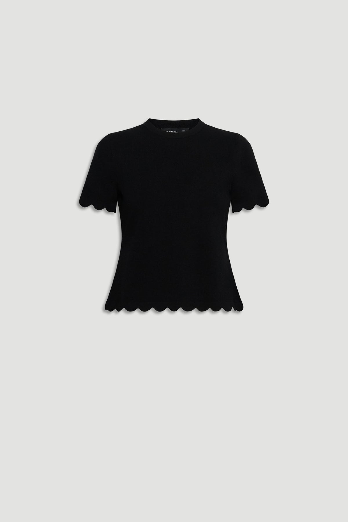 Black short-sleeve knit top with scalloped edges along hem and sleeves for a delicate, stylish finish.