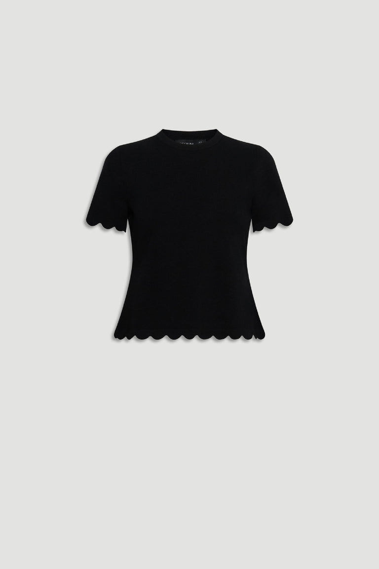 Black short-sleeve knit top with scalloped edges along hem and sleeves for a delicate, stylish finish.