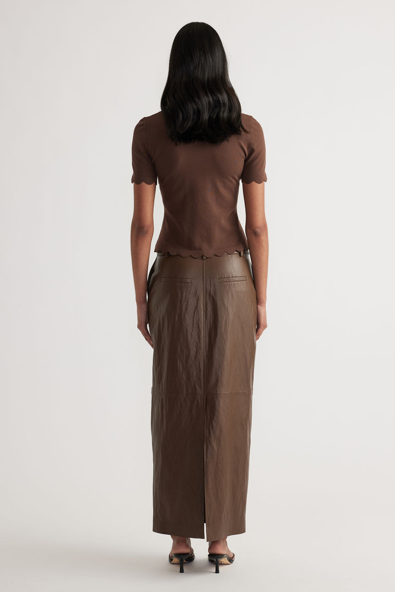 Faux Leather Maxi Skirt in dark brown with back slit, styled for elegant everyday wear by DECJUBA Australian fashion brand