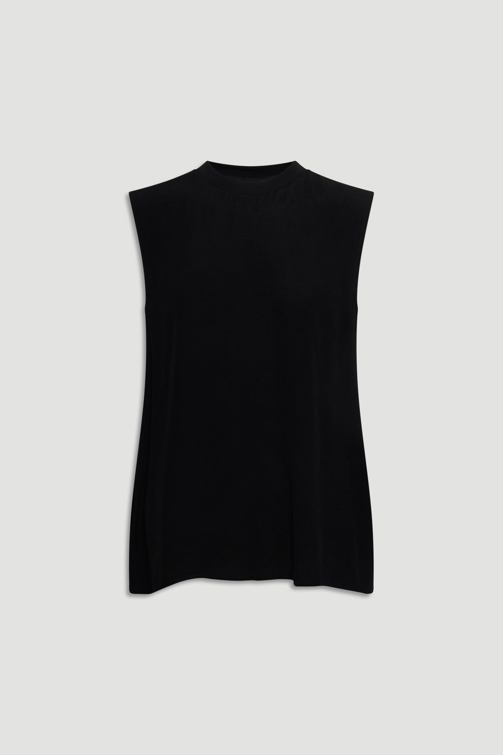 Sleeveless black woven tank top with a high neckline and relaxed drape for effortless everyday style