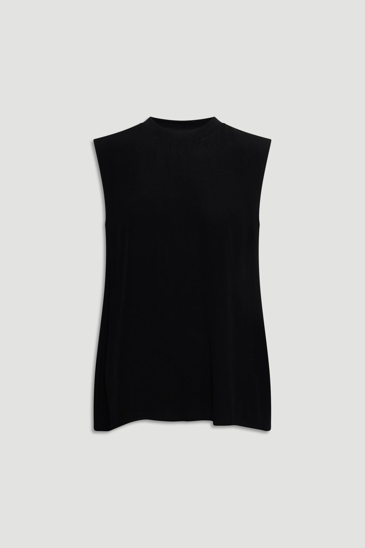 Sleeveless black woven tank top with a high neckline and relaxed drape for effortless everyday style