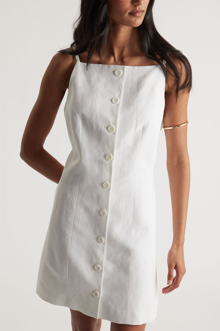 Benne Button Front Vest Dress in white with square neckline and button through closure, gallery position 2 portrait view.