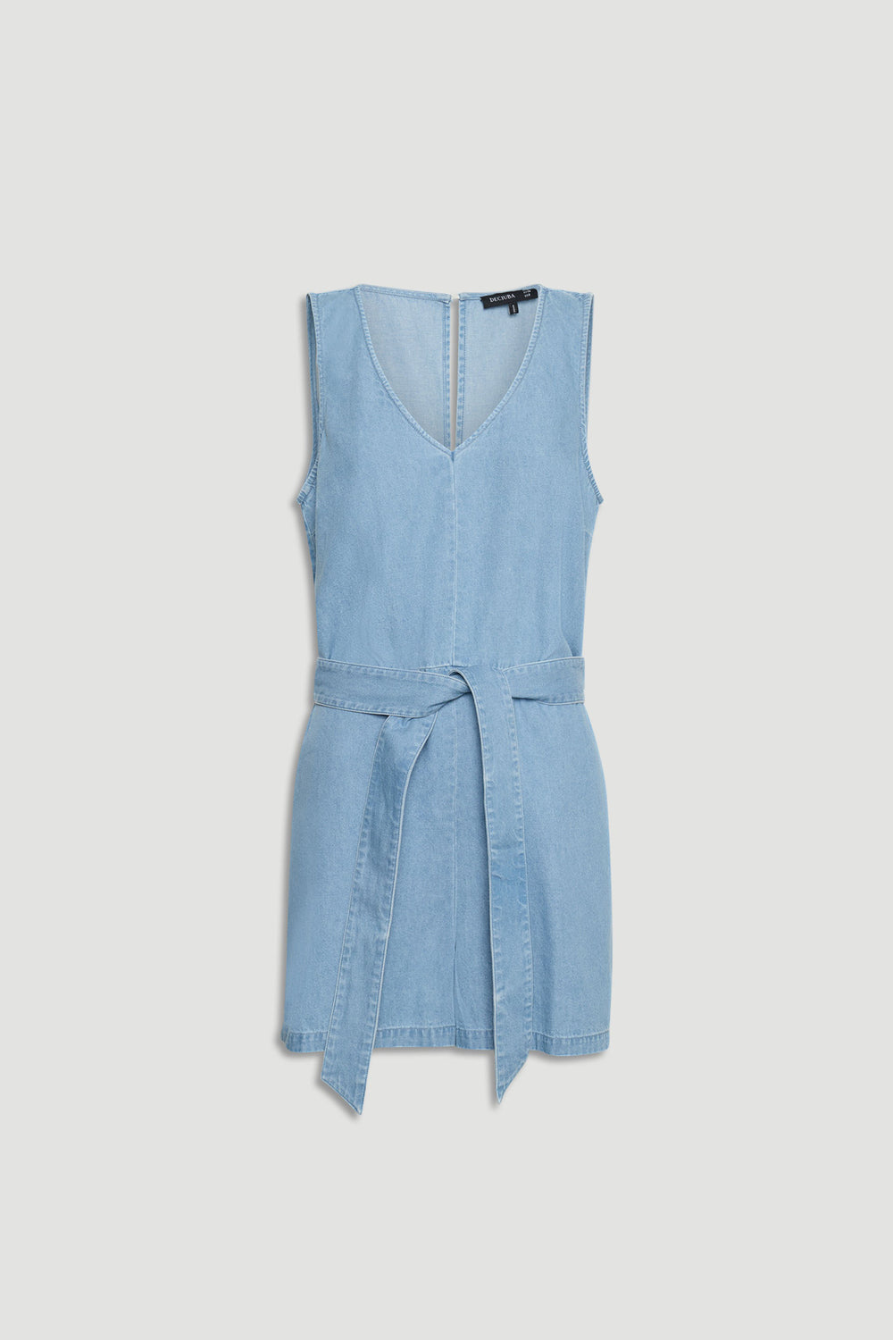 Light wash denim sleeveless playsuit with V-neckline and a fabric belt for a flattering, effortless fit.