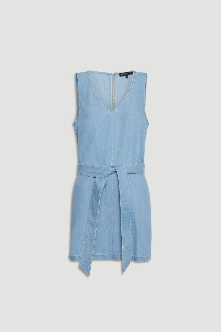 Light wash denim sleeveless playsuit with V-neckline and a fabric belt for a flattering, effortless fit.