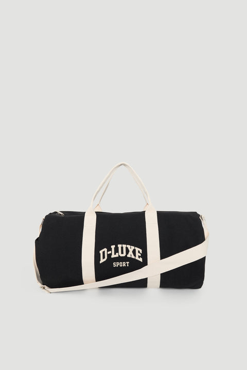 Black duffle bag with cream handles and shoulder strap, featuring bold "D-Luxe Sport" text for a sporty vibe.