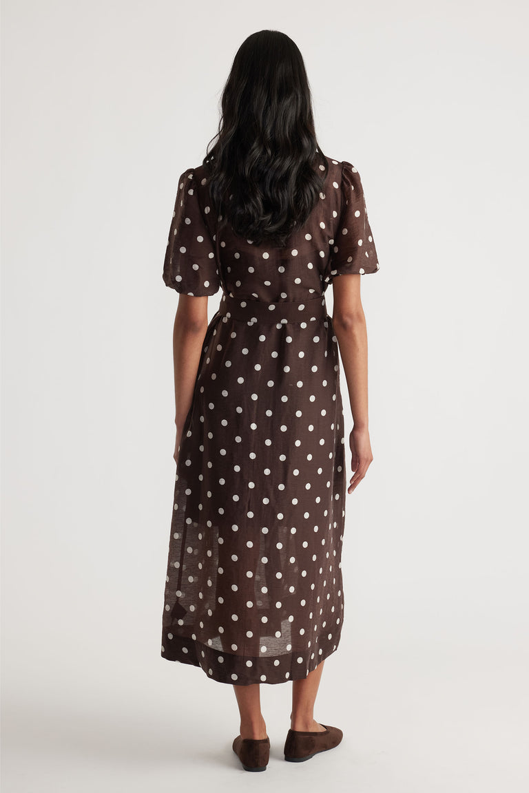 Becca Puff Sleeve Midi Dress in brown with white polka dots, shown from back, gallery position 3, portrait orientation
