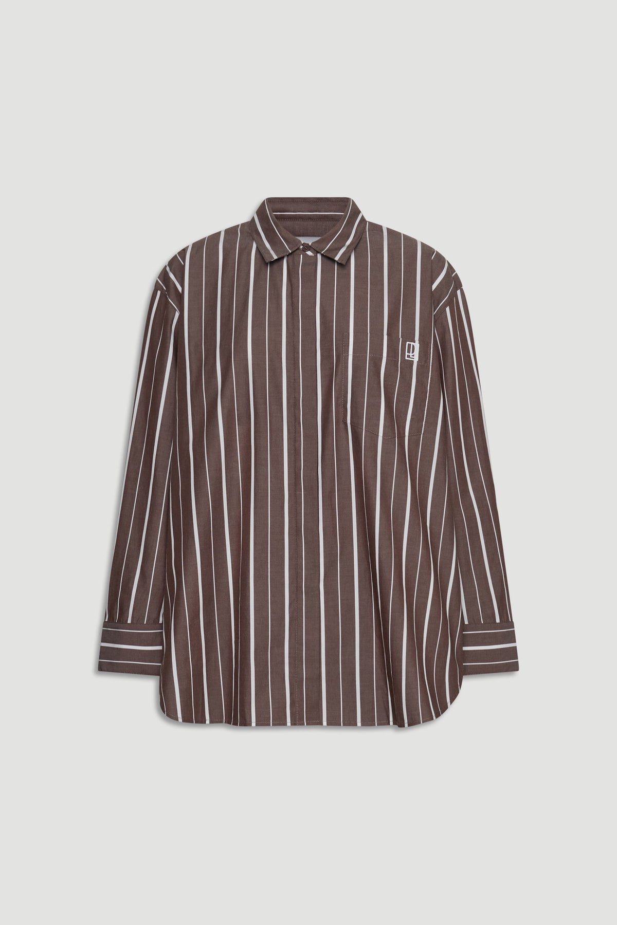 D-Luxe Poplin Stripe Shirt in brown with white stripes, button-through front, and high-low curved hem, gallery image 4.