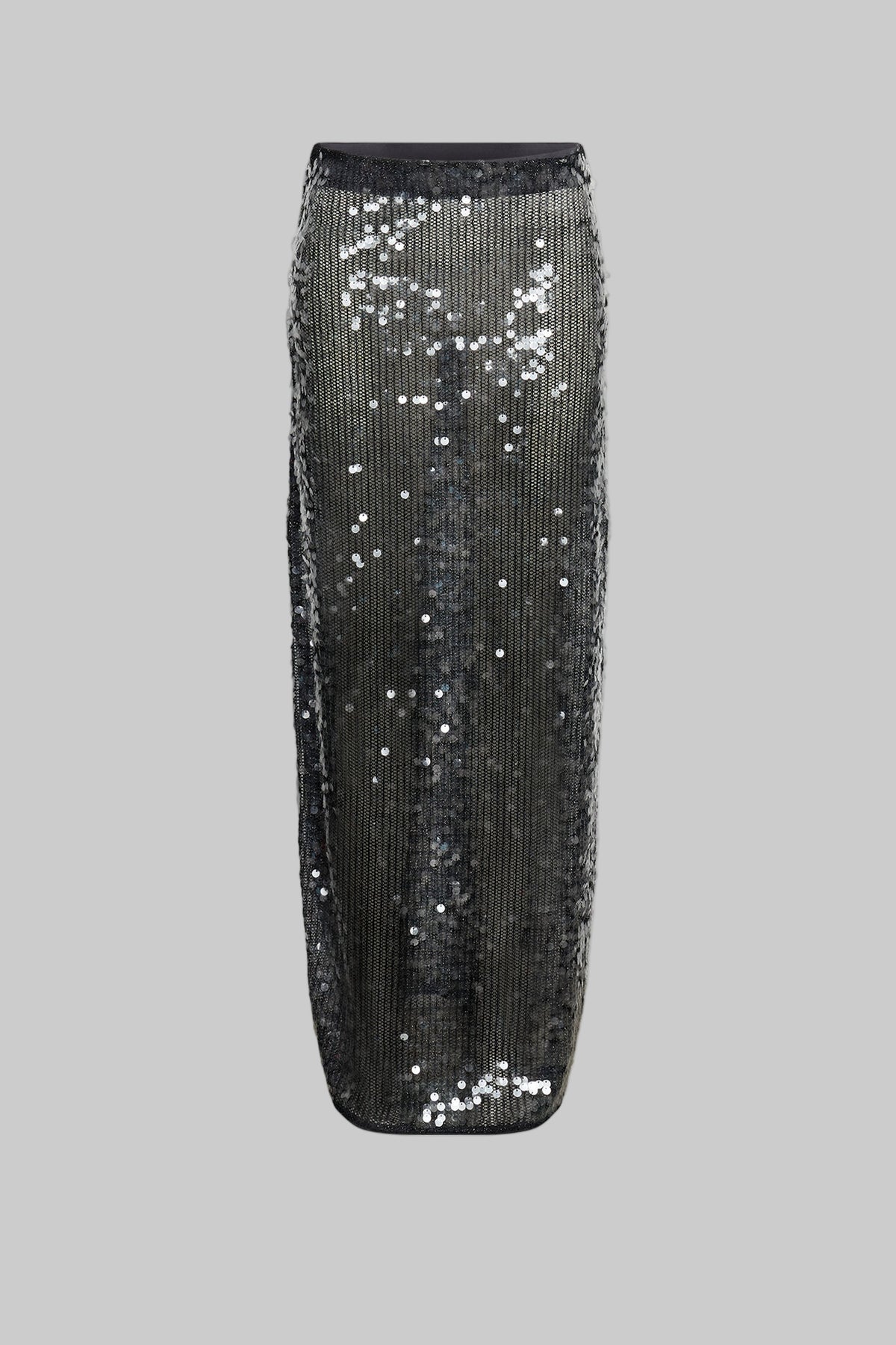 Savannah Sequin Skirt front view, maxi length with elasticated waistband and shimmering sequin fabric, gallery position 5 portrait