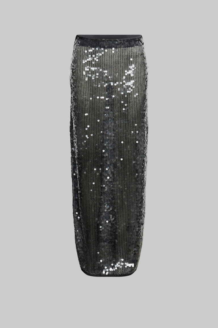 Savannah Sequin Skirt front view, maxi length with elasticated waistband and shimmering sequin fabric, gallery position 5 portrait