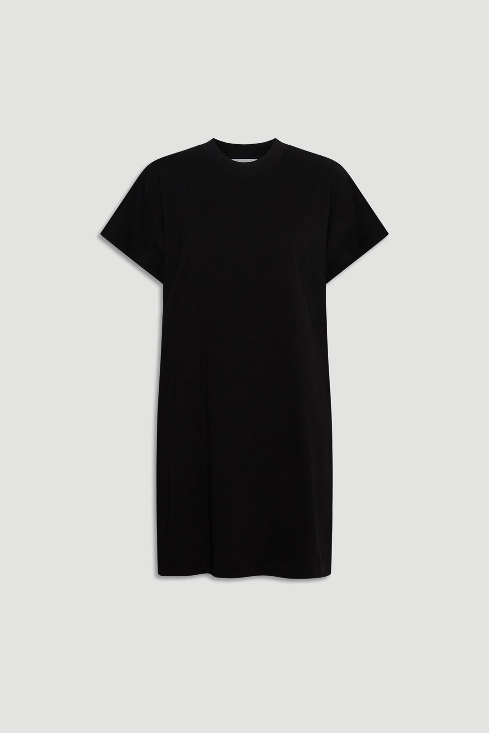 Simple black short-sleeve tee dress with a relaxed fit, perfect for effortless everyday style and comfort.