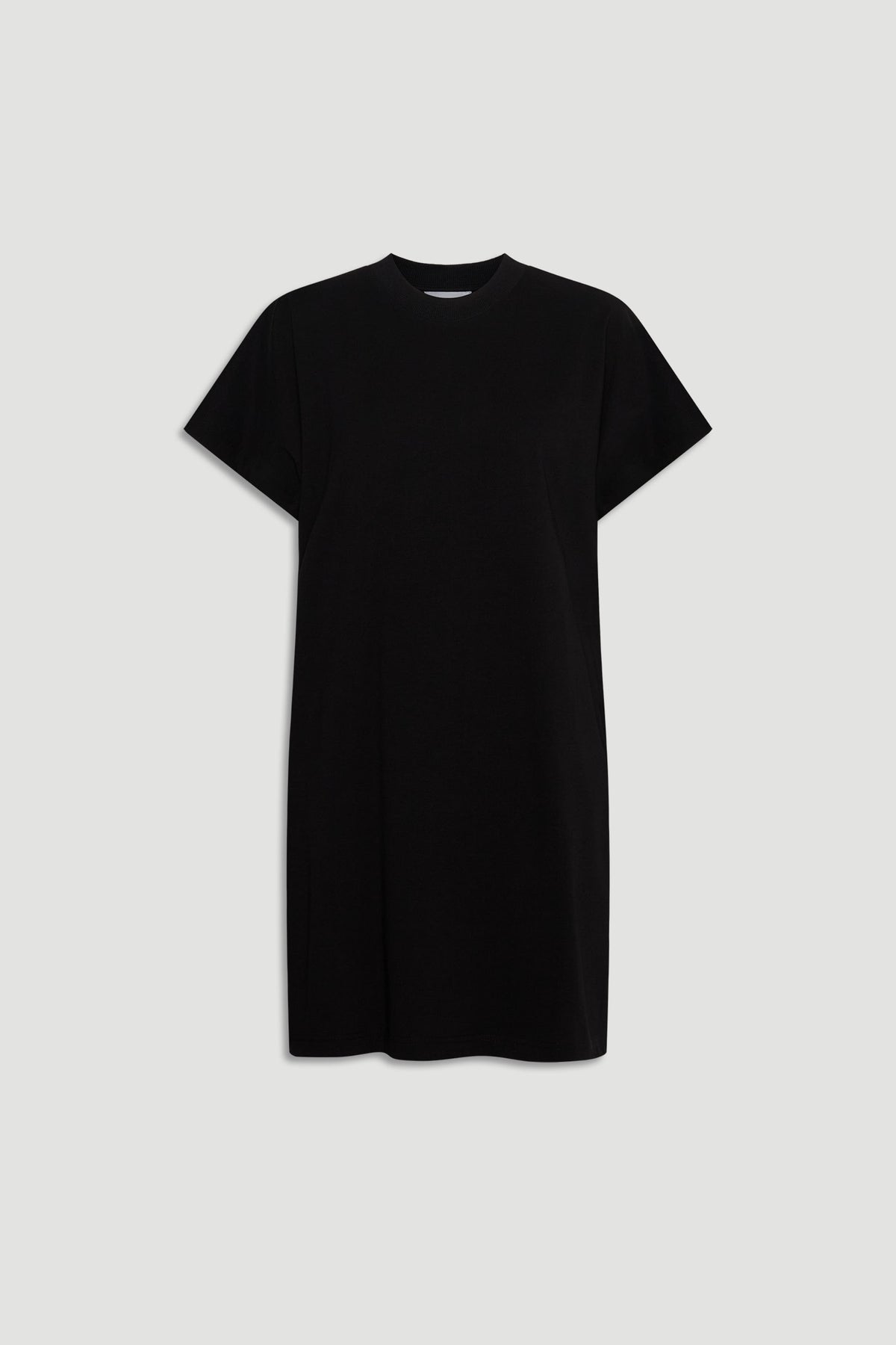 Simple black short-sleeve tee dress with a relaxed fit, perfect for effortless everyday style and comfort.