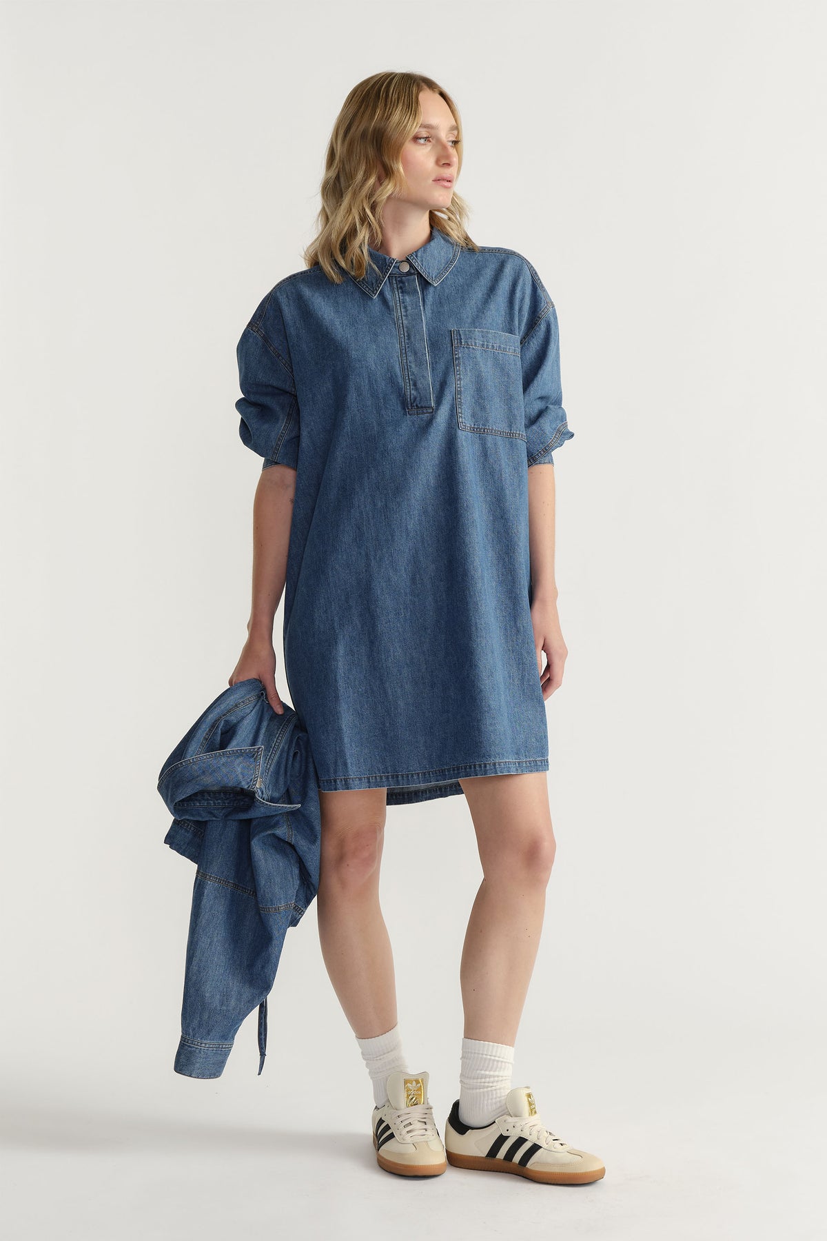 D-Luxe Chambray Stitch Dress in soft denim with relaxed fit, chest pocket, and rolled sleeves by Decjuba, Australian fashion brand.