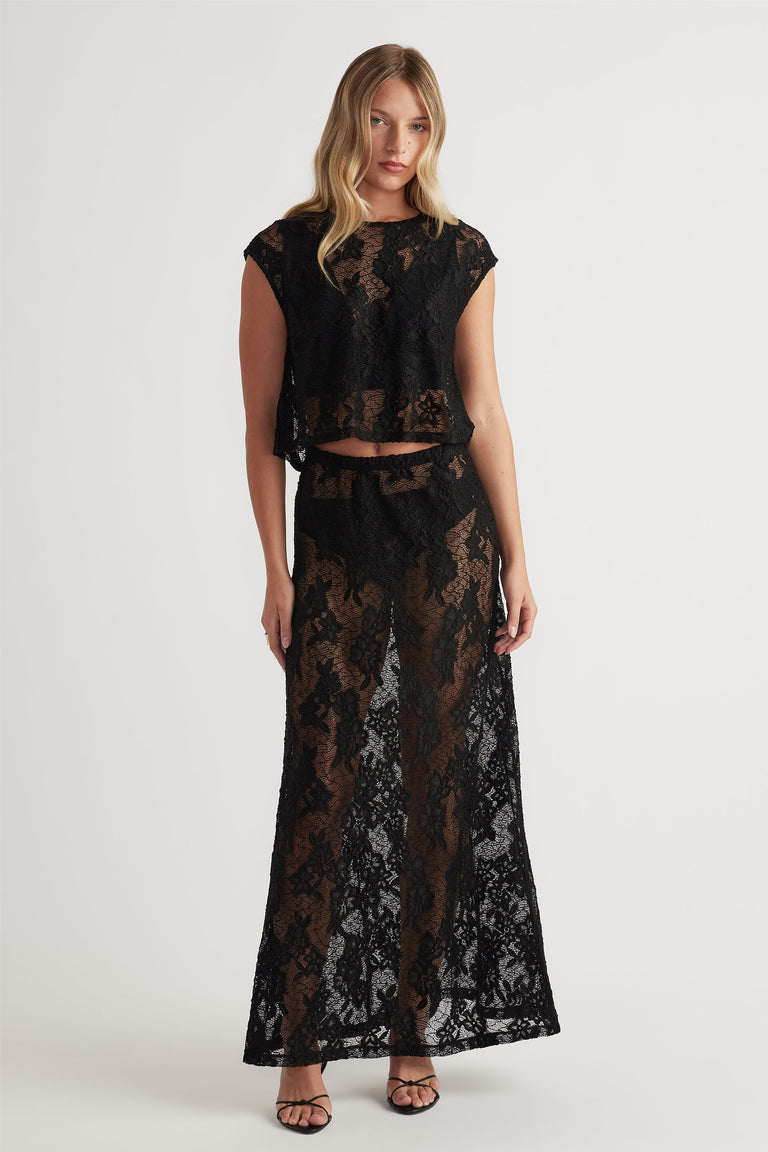 Lace Cropped Top in black floral lace with cap sleeves, styled with sheer wide-leg pants by DECJUBA Australian brand