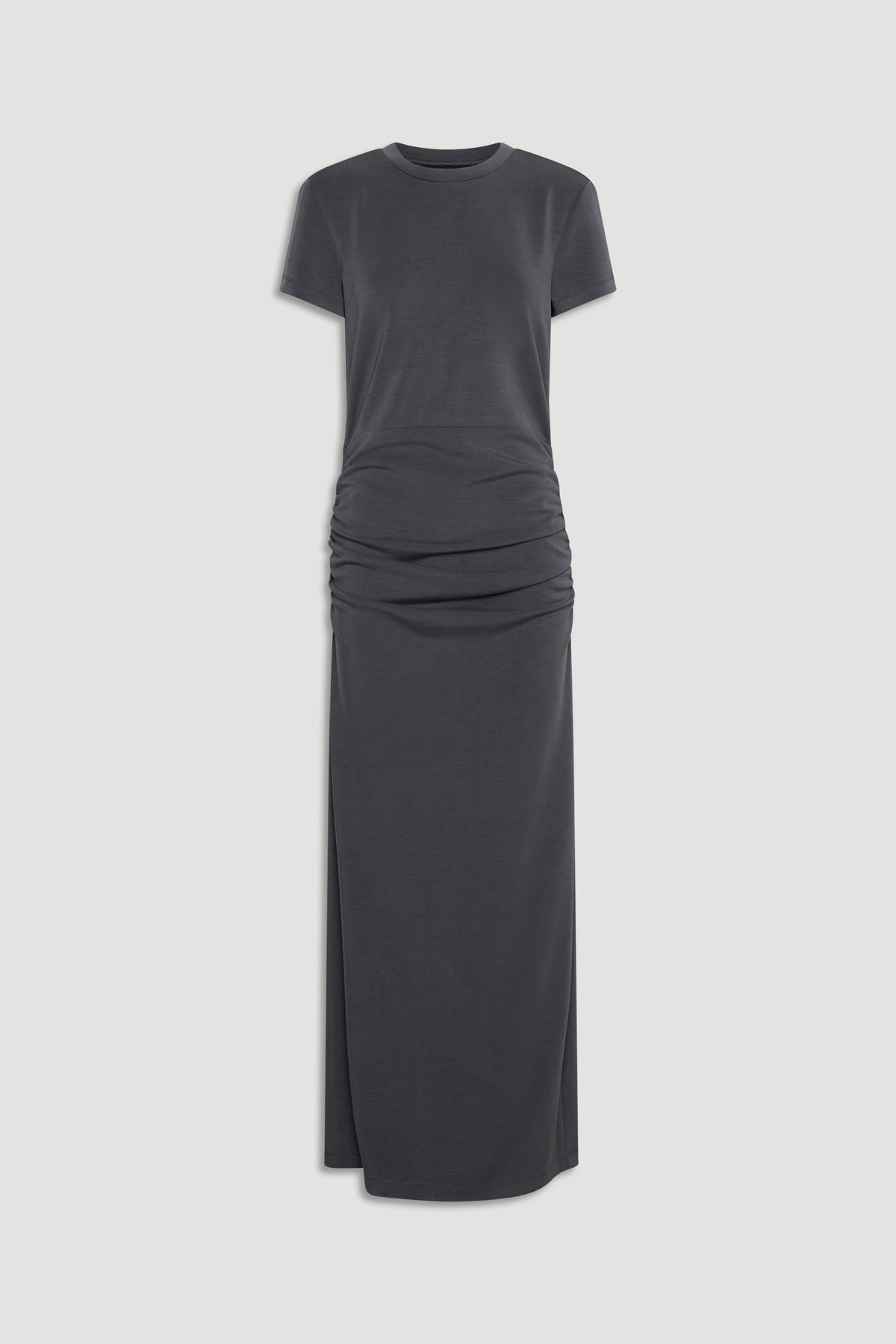 Monica Midi Tee Dress in dark charcoal with ruched detailing and short sleeves, designed by DECJUBA Australian fashion brand