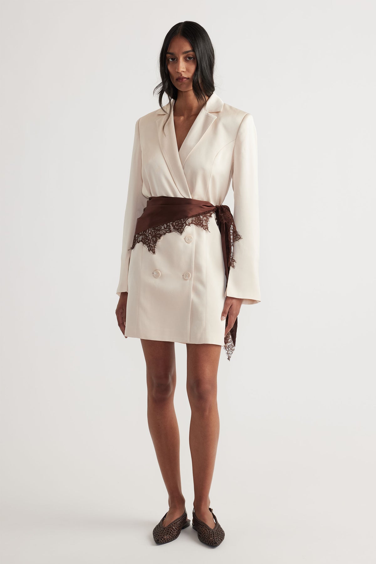 Model styled in cream blazer dress with brown Sienna Lace Scarf tied at waist, featuring elegant lace trim by DECJUBA Australian brand