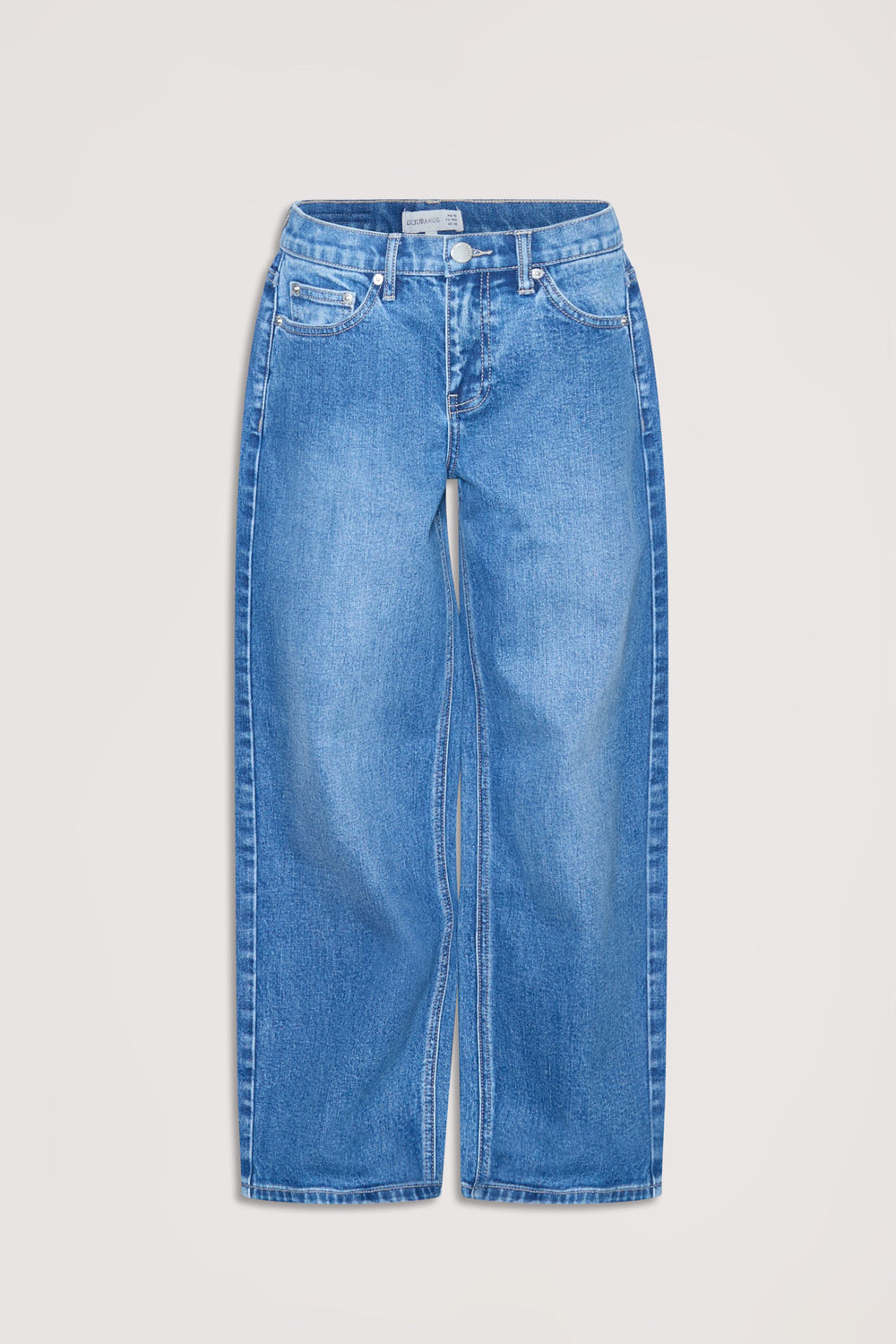 Light blue girls' denim jeans with a relaxed, baggy fit and classic five-pocket styling for everyday comfort.