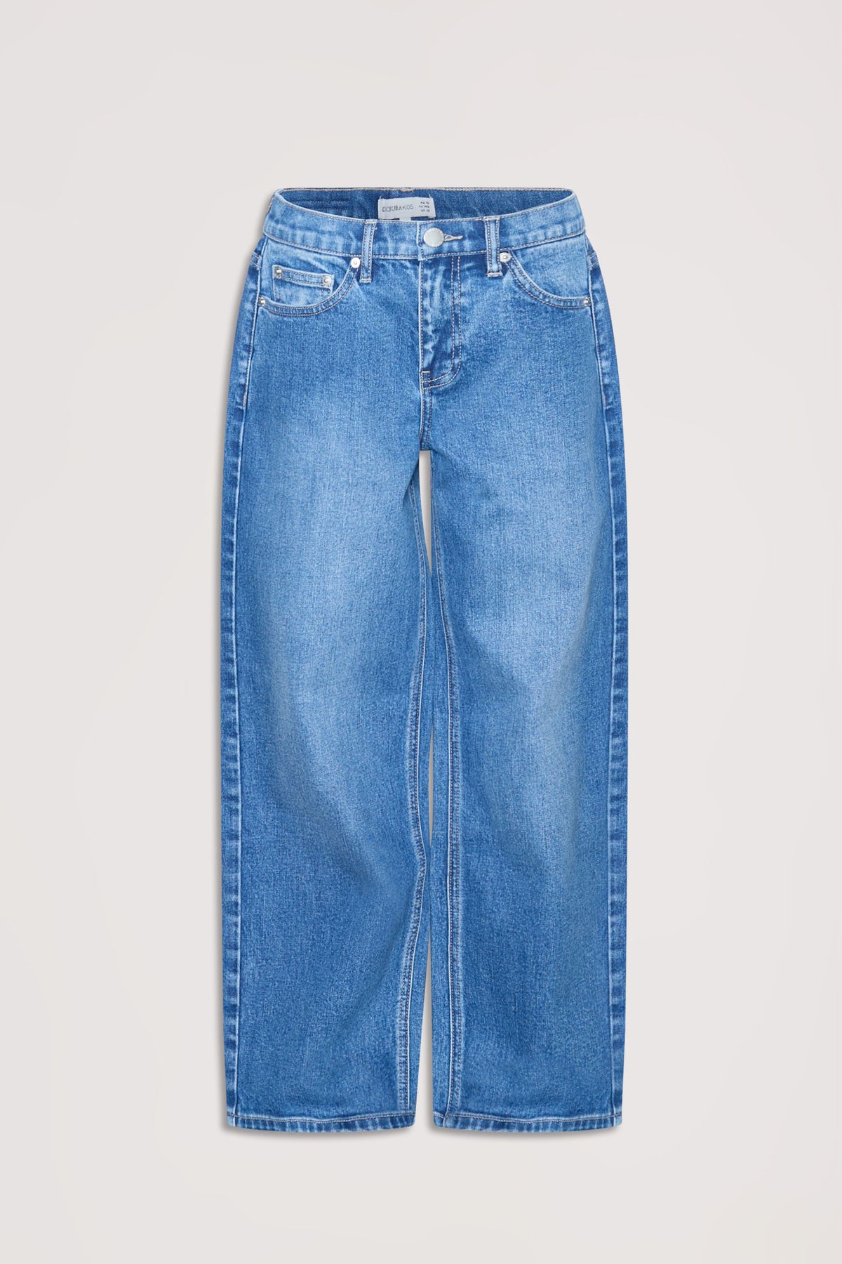Light blue girls' denim jeans with a relaxed, baggy fit and classic five-pocket styling for everyday comfort.