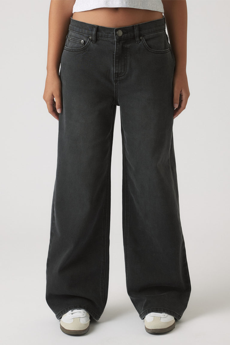 Girls Hailey Extra Long Jean in black denim with relaxed wide leg fit by Decjuba, an Australian fashion brand.
