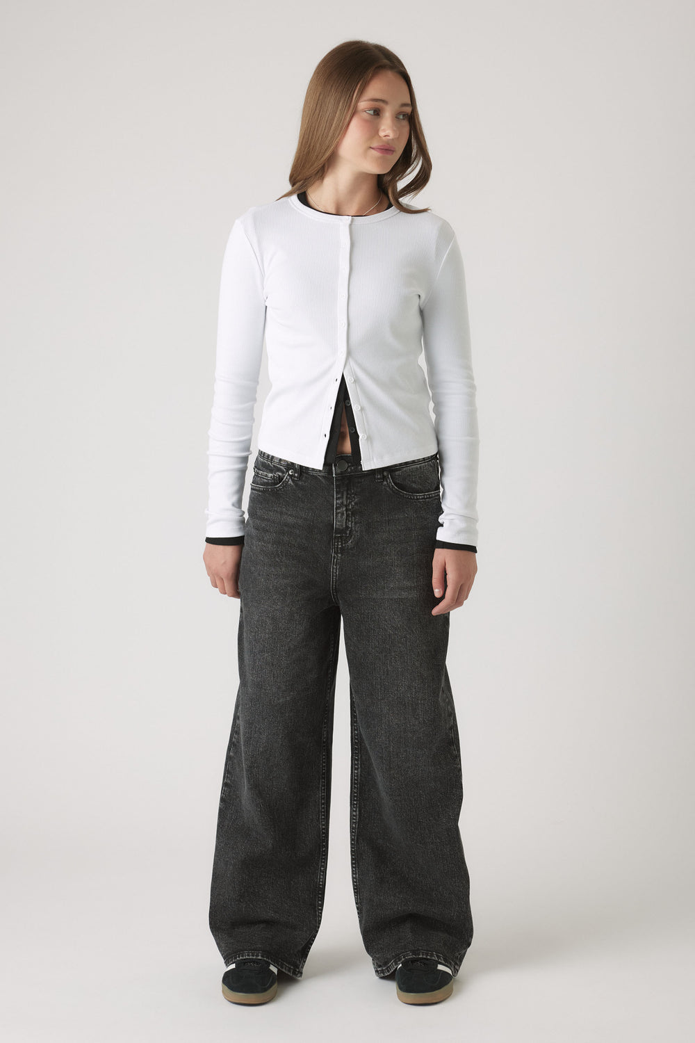 Girls Dad Baggy Jean in washed black denim with a high waist and relaxed wide-leg fit by DECJUBA Australian fashion brand