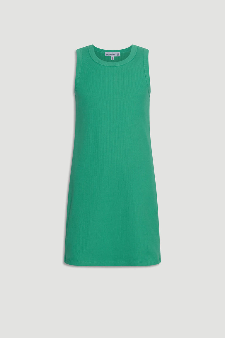 Simple sleeveless ribbed tank dress in spring green, designed for comfortable everyday wear for girls.