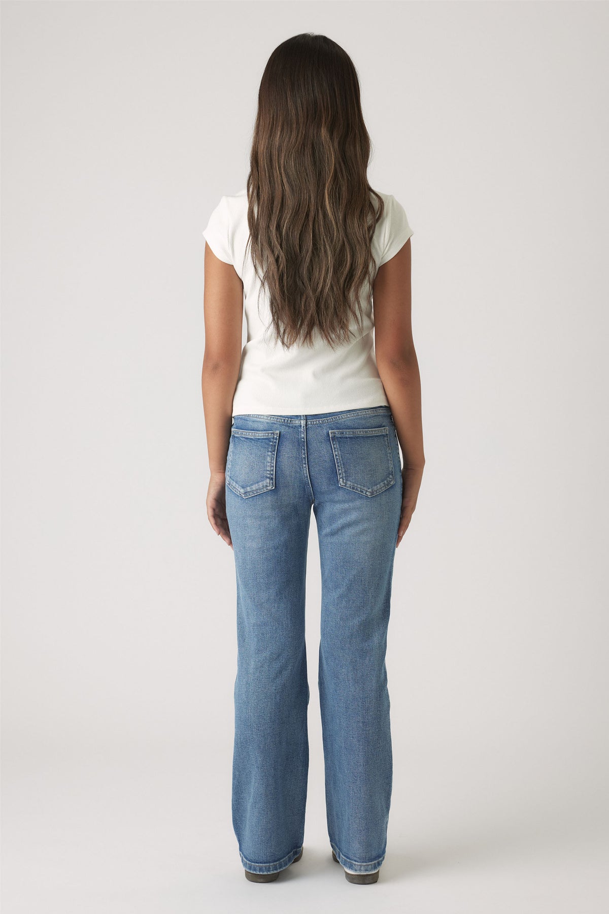 Girls Riley Rib T-Shirt in soft white fabric paired with classic straight-leg girls denim jeans by DECJUBA Australian fashion brand