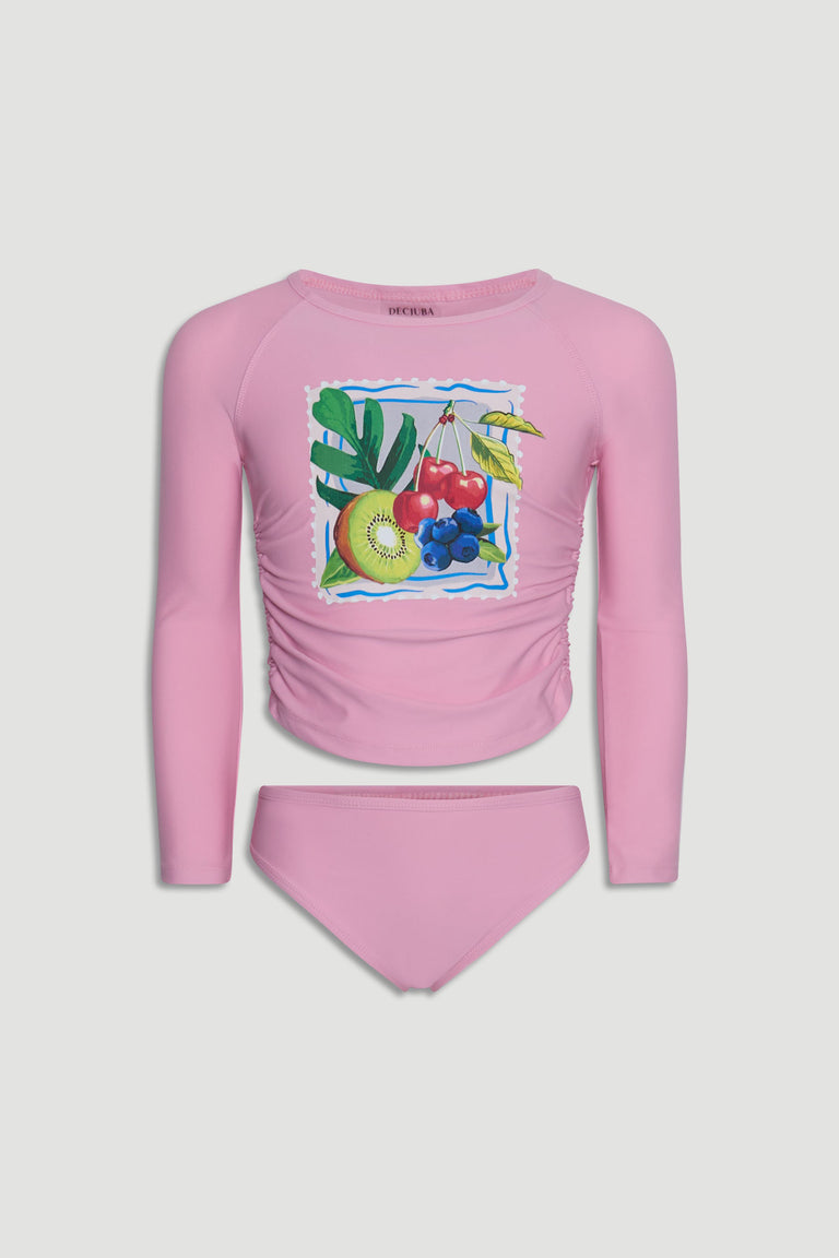 Pink long sleeve girls swim set with colorful fruit print on the top, featuring kiwi, cherries, and berries.