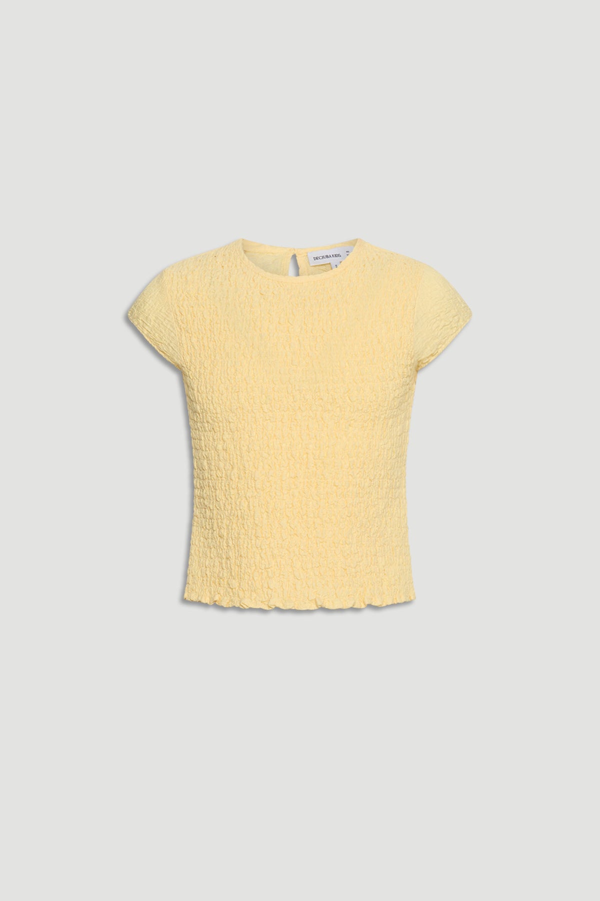 Soft textured pale yellow girls top with cap sleeves and subtle keyhole back detail for casual wear
