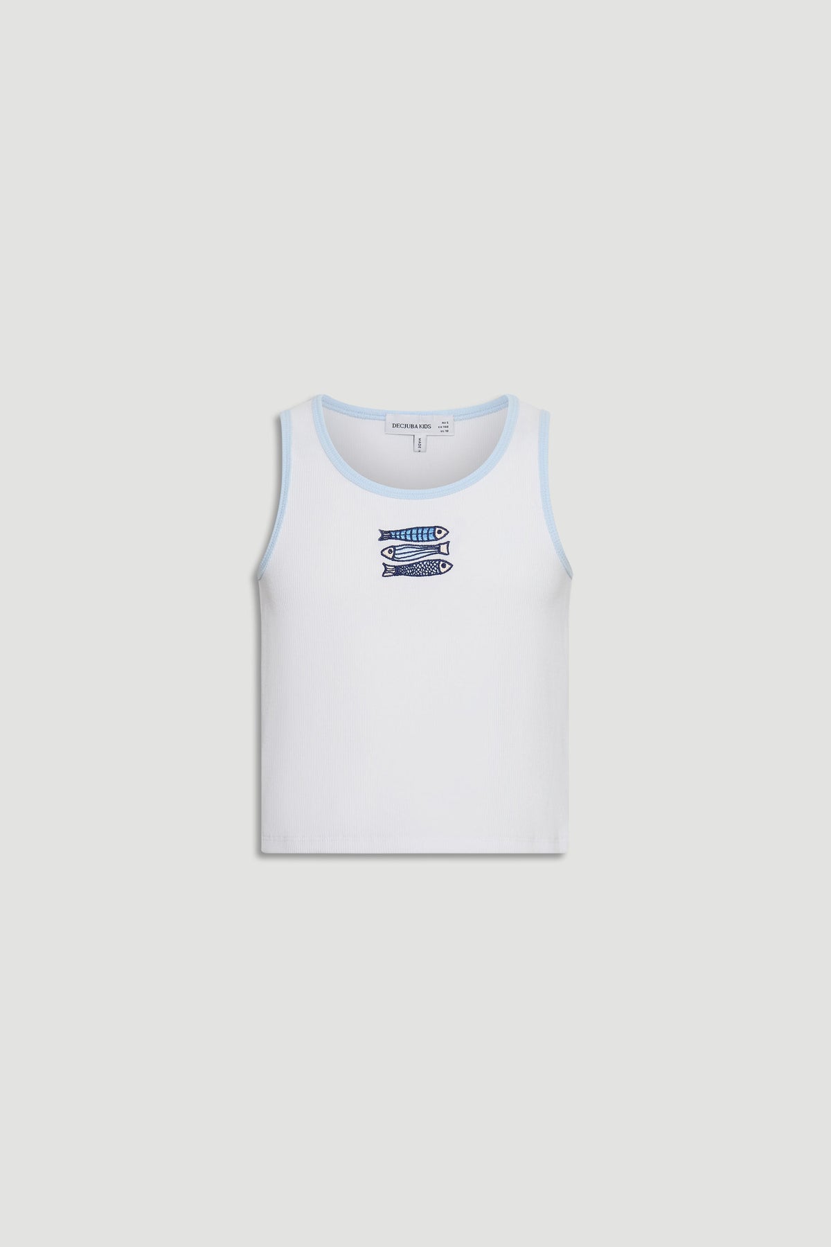 White girls tank top with light blue trim and three embroidered blue fish detail on the chest