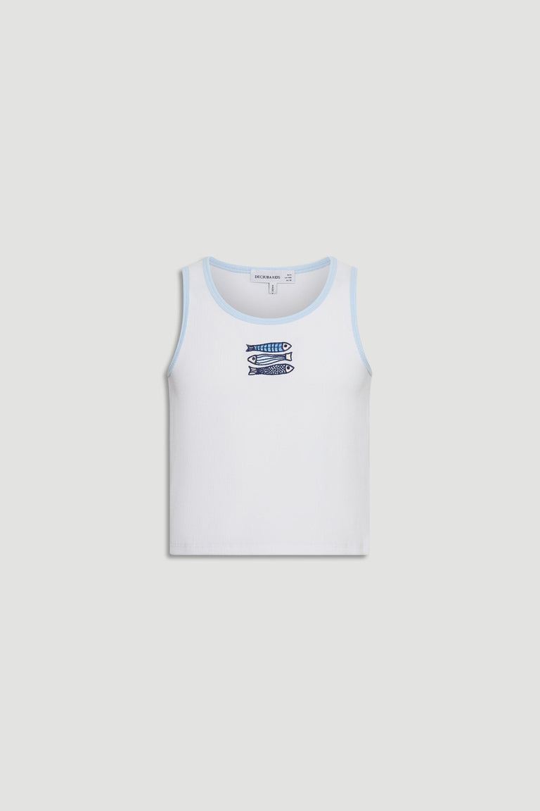 White girls tank top with light blue trim and three embroidered blue fish detail on the chest