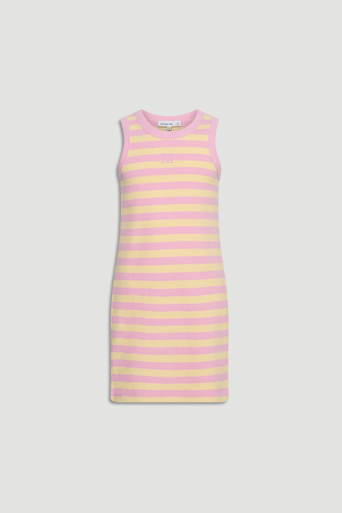 Girls ribbed tank dress with soft pink and yellow horizontal stripes in a casual sleeveless style