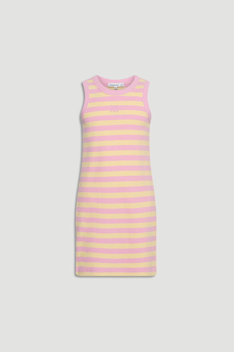 Girls ribbed tank dress with soft pink and yellow horizontal stripes in a casual sleeveless style