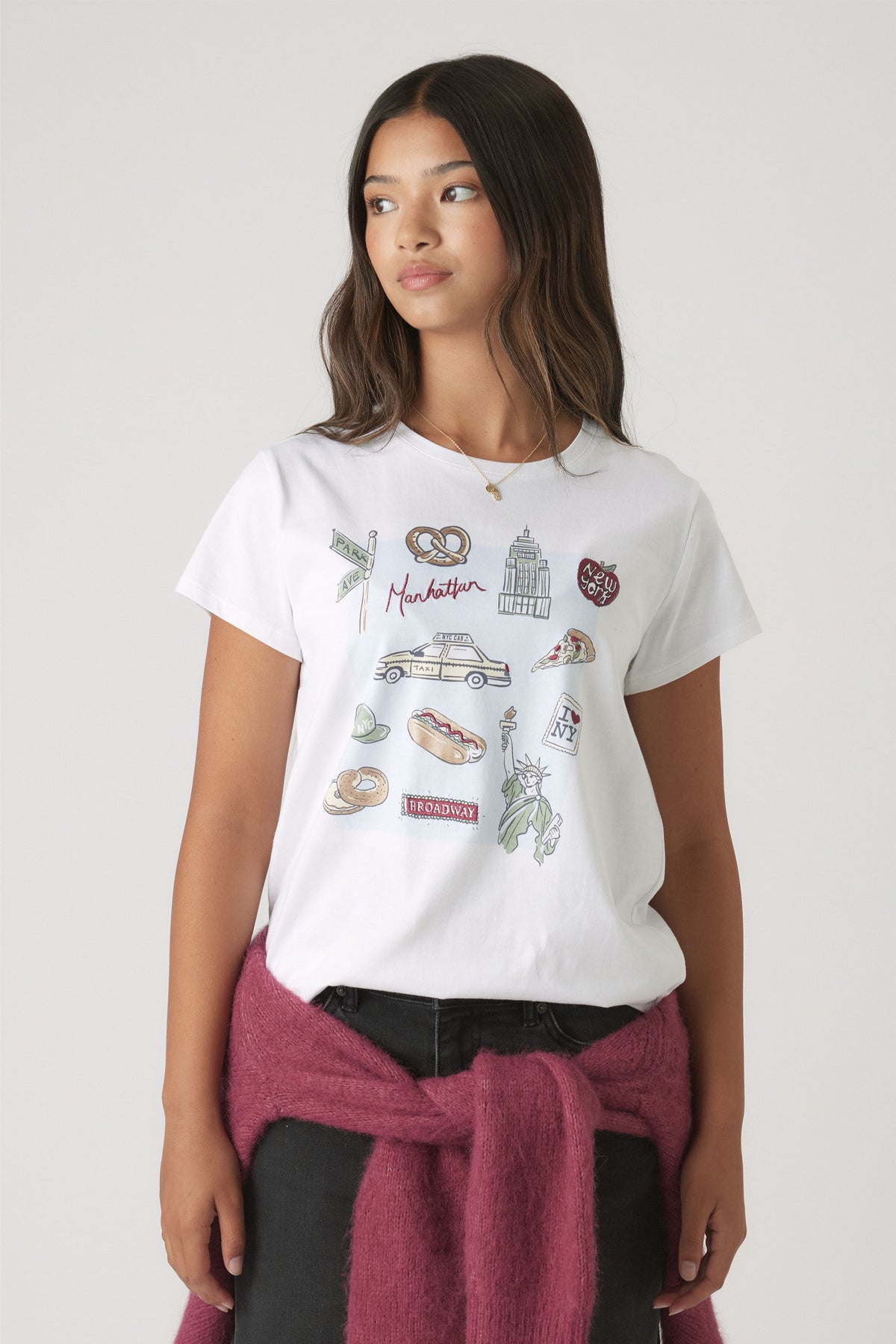 Girl wearing Girls New York City Tee with New York-themed prints, portrait orientation, gallery position 2, 1880x2820 pixels