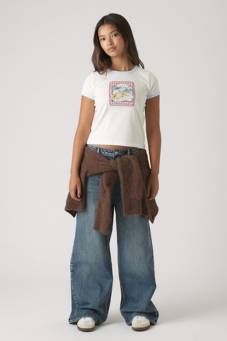 Girls Cropped Ringer Tee in white with blue trim and printed graphic, styled with wide-leg denim jeans by DECJUBA Australian brand