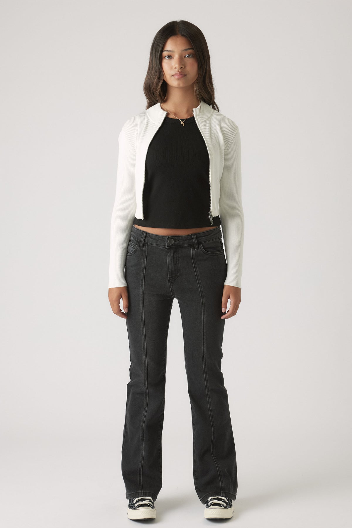 Girls Lucy Flare Jean in washed black denim with vertical seam detail and a flattering flare by DECJUBA Australian fashion brand
