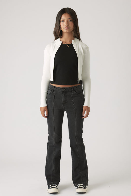 Girls Lucy Flare Jean in washed black denim with vertical seam detail and a flattering flare by DECJUBA Australian fashion brand