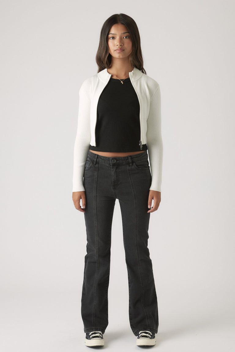 Girls Lucy Flare Jean in washed black denim with vertical seam detail and a flattering flare by DECJUBA Australian fashion brand