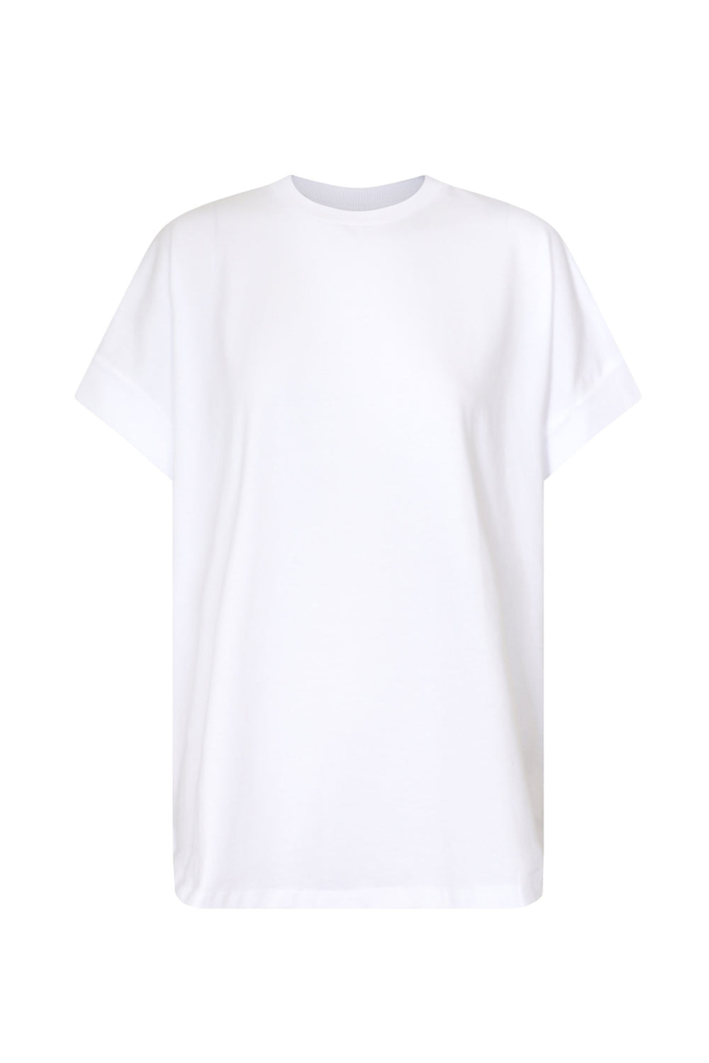 Chloe Crew Tee in white, relaxed boxy fit with rolled cuffs, shown in gallery position 4, portrait orientation.