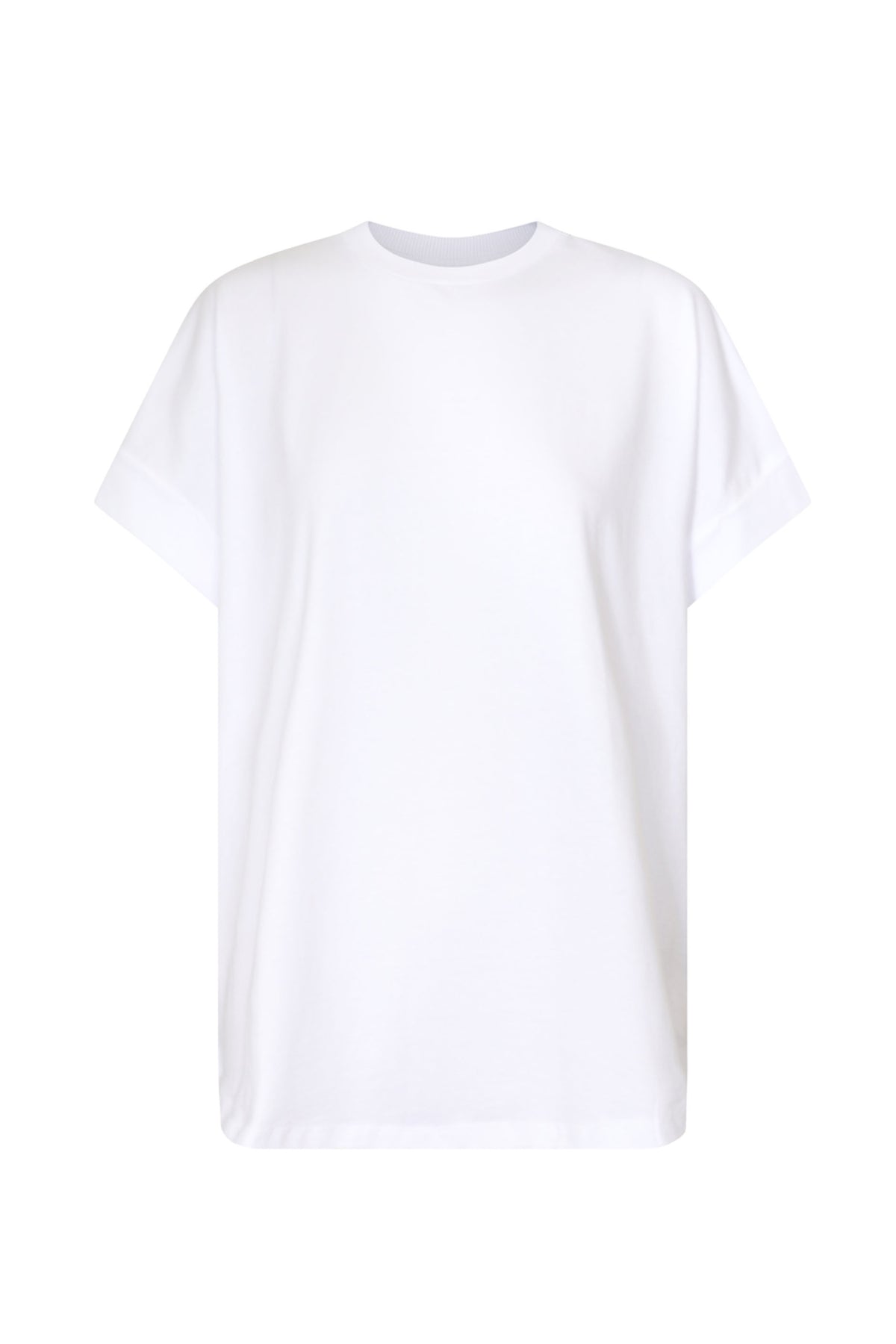 Chloe Crew Tee in white, relaxed boxy fit with rolled cuffs, shown in gallery position 4, portrait orientation.
