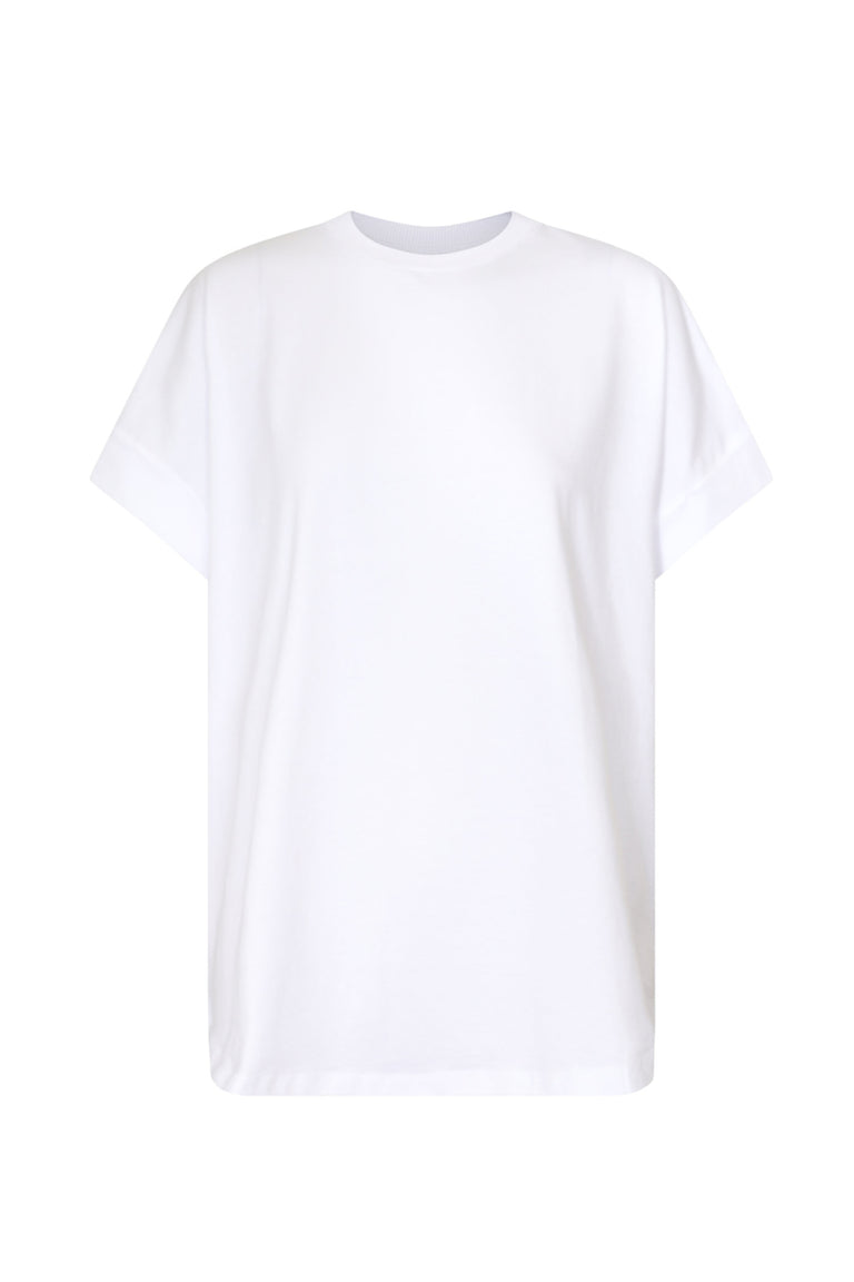 Chloe Crew Tee in white, relaxed boxy fit with rolled cuffs, shown in gallery position 4, portrait orientation.