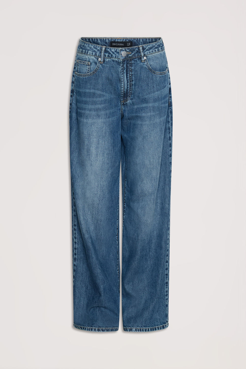Blue mid rise wide-leg denim jeans with classic five-pocket styling and subtle faded wash details